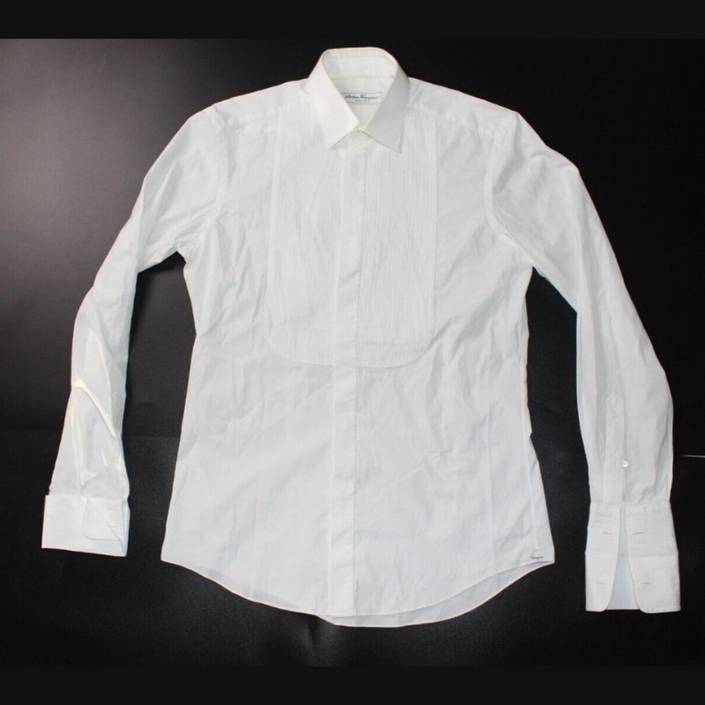 Used Salvatore Ferragamo Plain White TUXEDO Shirt Sz IT 38 R Derby Fit